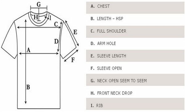 Garment spec diagram of a t-shirt laid flat, with lettered measurement lines: A chest, B length from high shoulder point, C full shoulder, D arm hole, E sleeve length, F sleeve open, G neck open seam to seam, H front neck drop, I rib.